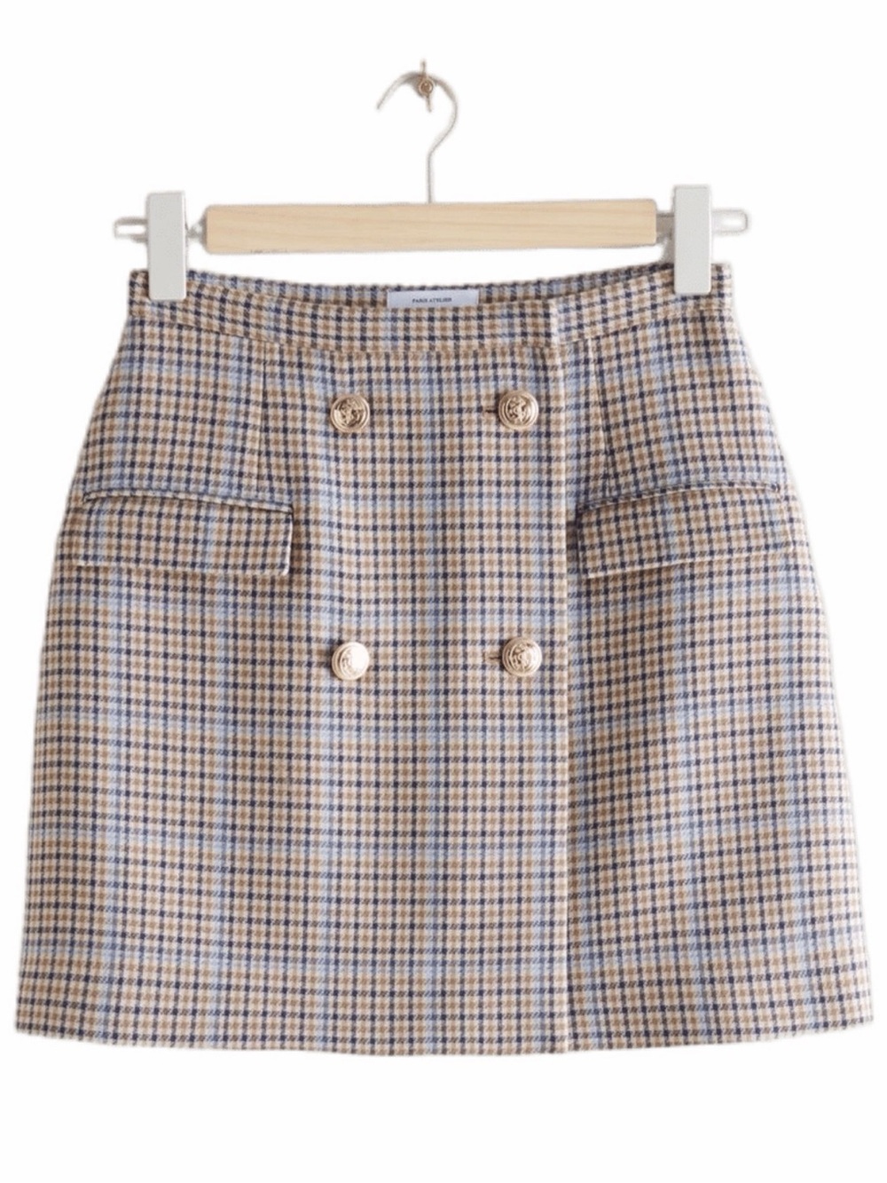 & Other Stories Beige and Blue Houndstooth Double-Breasted Mini Skirt